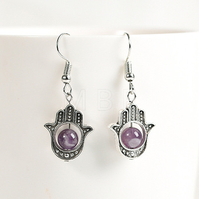 Natural Crystal Stone Hamsa Hand & Round Dangle Earrings UB8598-10-1