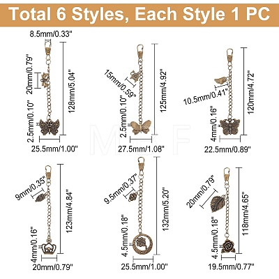 6Pcs 6 Style Tibetan Style Alloy Keychains AJEW-WR0001-27-1