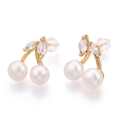 Natural Pearl Stud Earrings with Cubic Zirconia PEAR-N020-05G-1