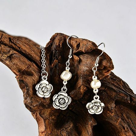 Zinc Alloy Imitation Pearl Flower Rose Dangle Earrings & Pendant Necklaces Sets for Women WG42FFC-02-1