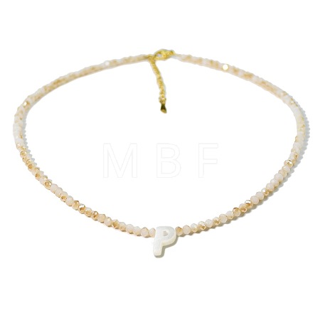 Natural White Shell Letter Faceted Glass Beaded Necklaces with 304 Stainless Steel End Chains SS7282-15-1