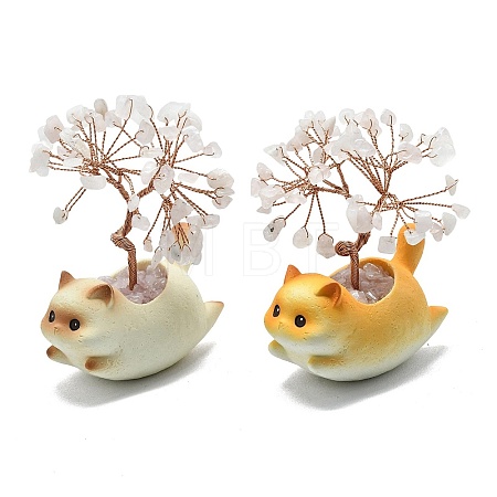Natural Rose Quartz Chips Tree of Life Decorations with Cat Display Decorations DJEW-K025-03B-1