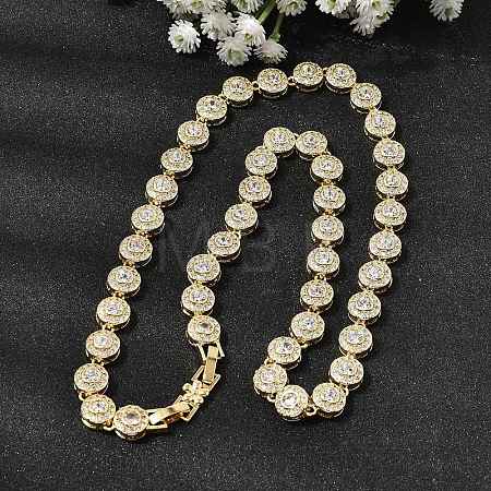 Brass Micro Pave Clear Cubic Zirconia Flat Round Link Chain Necklaces for Women NJEW-B157-18G-1