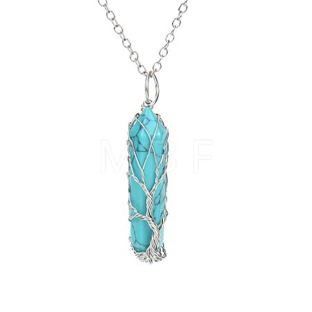 Synthetic Turquoise Double Terminal Pointed Faceted Bullet Copper Wire Wrapped Tree of Life Pendant Alloy Chain Necklaces FS-WG07FDC-04-1