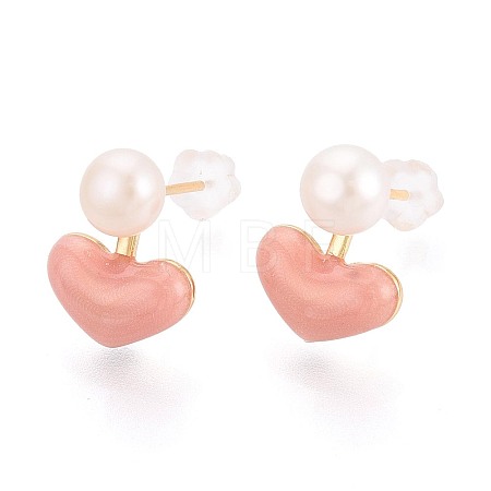 Heart Brass Natural Pearl Stud Earrings PEAR-N017-07A-1