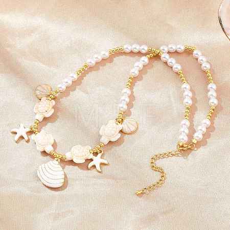 Ocean Brass Enamel Starfish Shell Shape Pendant Round ABS Imitation Pearl Beaded Necklaces KK-CBA4547-04D-G-1