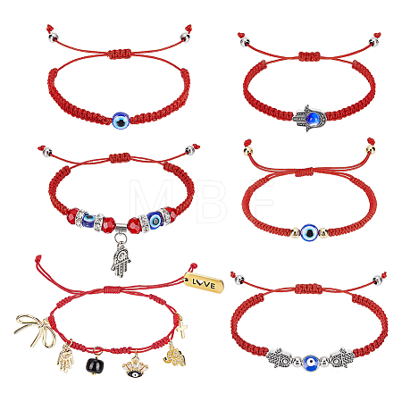 6Pcs 6 Styles Hamsa Hand & Evil Eye Glass & Resin & Alloy & Brass Beads Bracided Bead Bracelets & Charms Bracelets for Women BJEW-GA00009-1