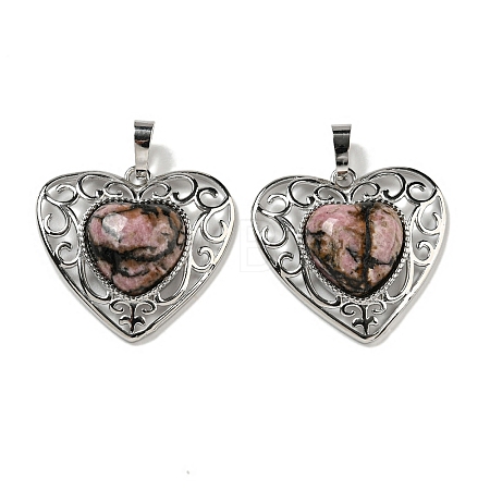 Natural Rhodonite Peach Love Heart Pendants G-G158-01R-1