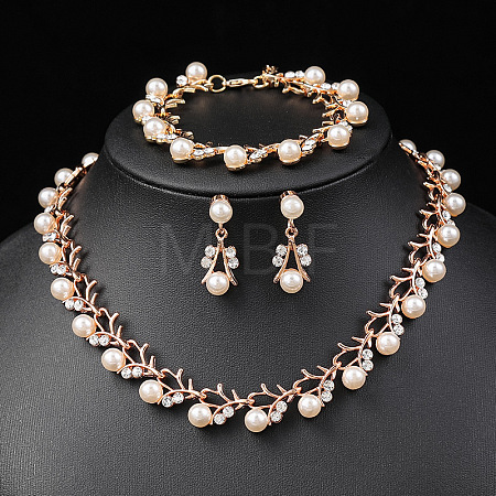 Alloy Rhinestone & Plastic Imitation Pearl Leaf Link Chain Necklaces & Stud Dangle Earrings & Link Bracelets Sets WG65A67-04-1
