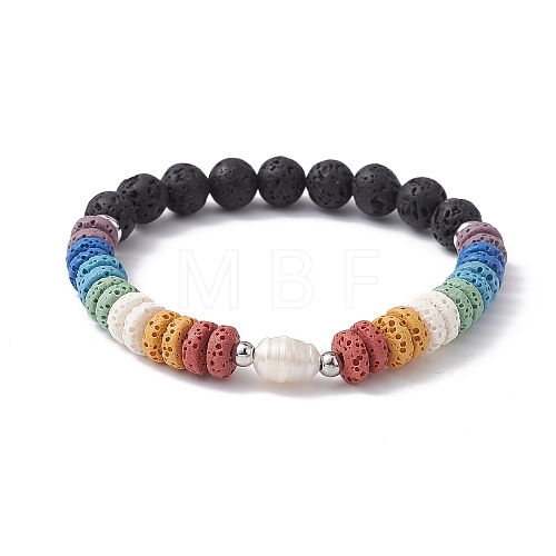 Dyed Natural Lava Rock & Pearl Beaded Strtch Bracelet BJEW-JB10053-02-1
