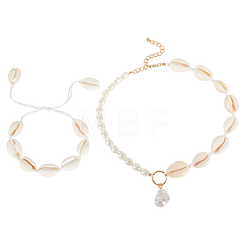 ANATTASOUL Natural Shell Braided Bead Bracelet & Imitation Pearl Pendant Necklace SJEW-AN0001-17-1