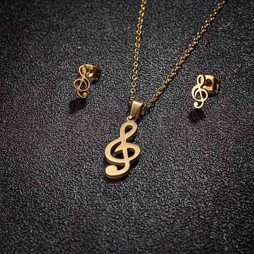 Stainless Steel Musical Note Stud Earrings & Pendant Necklaces Sets for Women PW-WG29B01-01-1