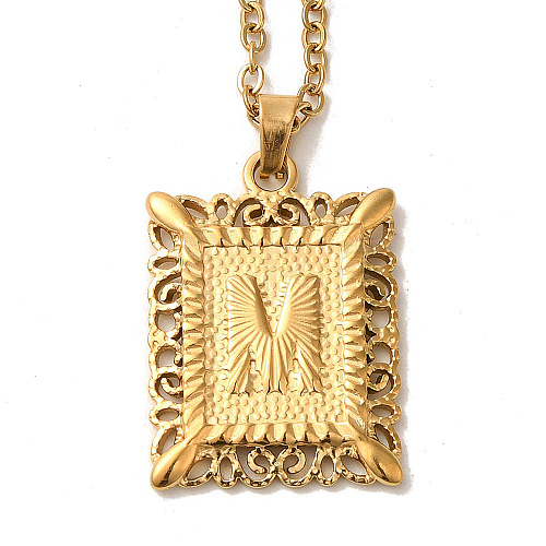 201 Stainless Steel Cable Chain Rectangle with Letter Pendant Necklaces NJEW-M070-01G-M-1