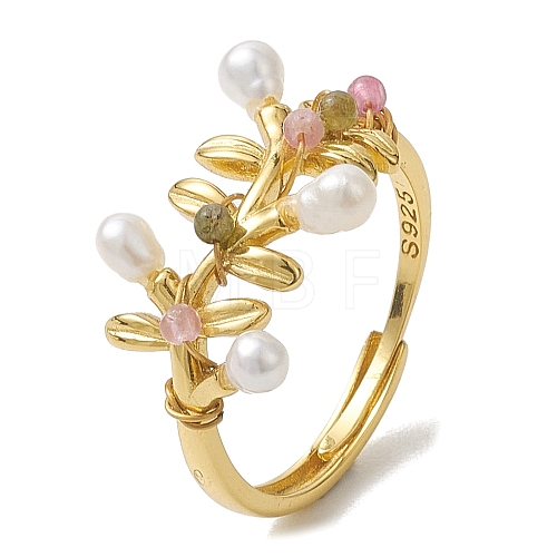 Leaf Natural Pearl & Natural Tourmaline Adjustable Rings RJEW-P113-16G-1