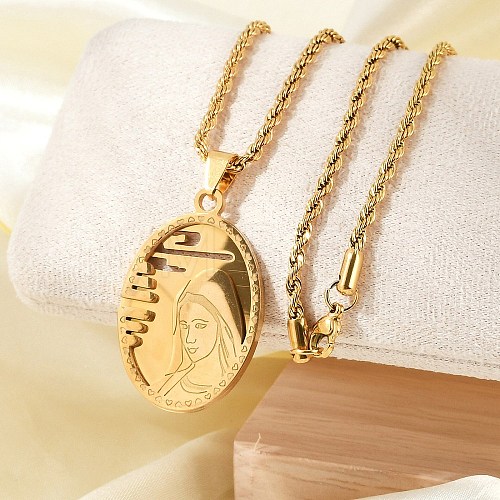 304 Stainless Steel Embossed Virgin Mary Pendant Rope Chain Necklaces NJEW-S387-08G-1