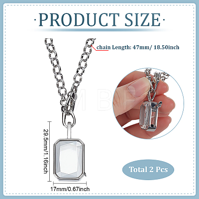 2Pcs Brass Pave Clear Cubic Zirconia and Glass Rectangle Locket Pendant Rolo Chain Necklaces NJEW-WR0001-10-1