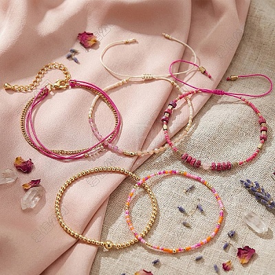 5Pcs Adjustable Nylon Round Gemstone Bead Braided Bracelet Sets NO9066-2-1