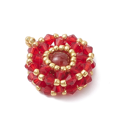 Natural Carnelian(Dyed & Hearted) & Glass Seed Beaded Flat Round Pendants PALLOY-MZ00950-07-1