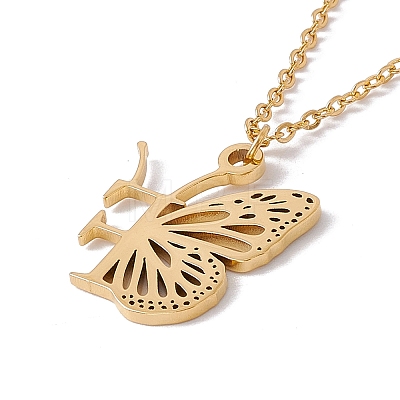 Initial Letter with Butterfly Pendant Necklace NJEW-C026-01G-F-1
