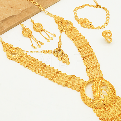 Vintage Alloy Statement Hollowed Ear of Wheat Necklace & Bracelet & Earrings & Ring Set for Women ZA7503-1