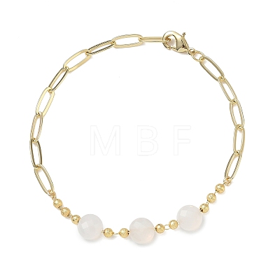Natural White Agate Faceted Flat Round Beaded Brass Paperclip Chain Bracelets GG-CBA37F5-02G-03-1