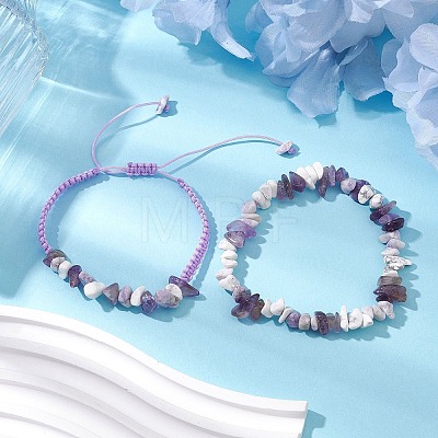 2Pcs Adjustable Natural Gemstone Braided Bracelets & Stretch Bracelet Sets BJEW-JB10997-1