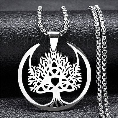Tree of Life 201 Stainless Steel Crescent Moon Tree of Life Pendant Necklaces for Women NJEW-M105-06P-1