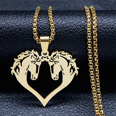 Hip-hop Style 201 Stainless Steel Laser Cut Double Horse Heart Pendant Necklaces FS-WGDE3BC-02-1