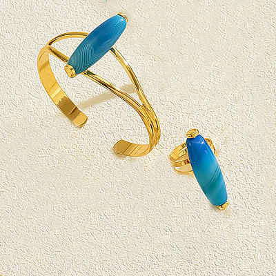 Bohemian Style Horse Eye Natural Agate & Metal Cuff Bangle & Ring Set for Women Party and Evening Wear ZI1822-3-1