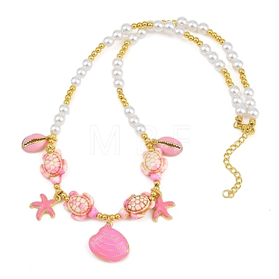 Ocean Brass Enamel Starfish Shell Shape Pendant Round ABS Imitation Pearl Beaded Necklaces KK-CBA4547-04C-G-1