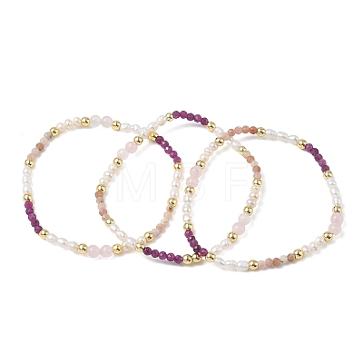 Natural Rhodonite & Rose Quartz & Ruby & Cultured Freshwater Pearl Beaded Stretch Bracelets for Women BJEW-JB13712-1