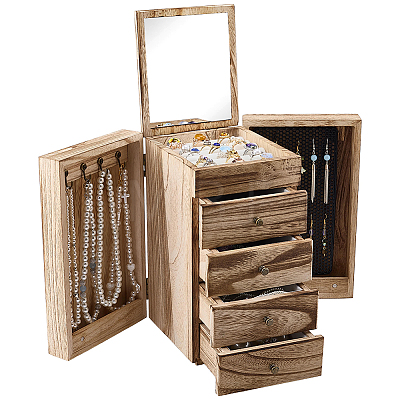 Large Capacity Wooden Multi-Layer Jewelry Organizer Boxes with Mirror & 4 Drawers CON-WH0117-02-1