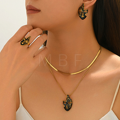 201 Stainless Steel Mask Stud Earrings & Pendant Necklaces & Rings Sets for Women AB3701-1