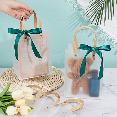 Transparent Frosted PVC Plastic Gift Tote Bags with Green Ribbon ABAG-WH0048-68C-1