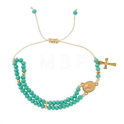 Faceted Rondelle Glass 2-Strand Braided Bead Bracelets with 314 Stainless Steel Religion Cross for Women UB2798-1
