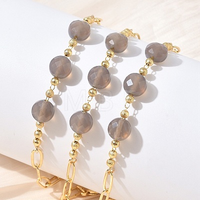 Natural Grey Agate Faceted Flat Round Beaded Brass Paperclip Chain Bracelets GG-CBA37F5-02G-05-1