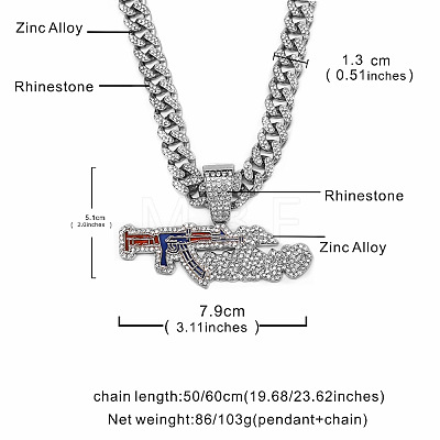 Hiphop Style Zinc Alloy Full Crystal Rhinestone Enamel Gun Shaped Pendant Cuban Link Chain Necklaces for Men WG2EDE4-02-1
