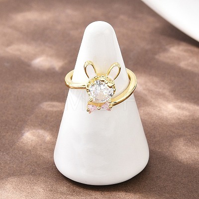 Bunny & Bowknot Brass Micro Pave Cubic Zirconia Cuff Rings for Women RJEW-A088-10G-04-1