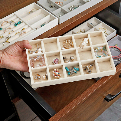 15 Grids Rectangle Wood Covered with Velvet Jewelry Trinket Display Trays AJEW-WH20054-062G-01-1