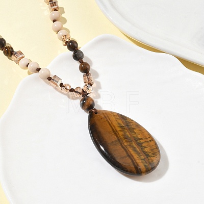 Natural Tiger Eye Teardrop Pendant Glass Beaded Long Necklaces GG-CBAE048-01A-1