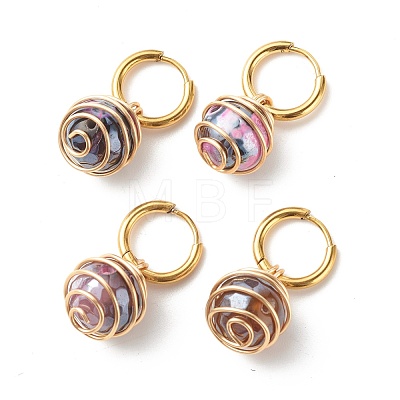 Round Natural Agate Beads Dangle Huggie Hoop Earrings EJEW-JE04718-04-1