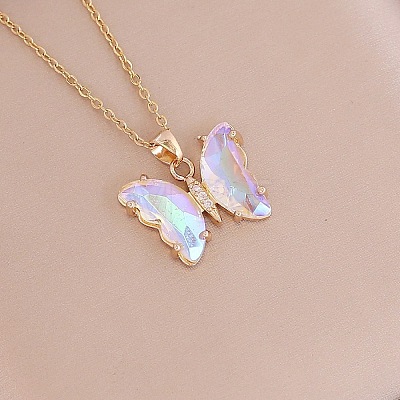 Fashionable Gradient Butterfly Alloy Glass Pendant Necklace LK8571-3-1