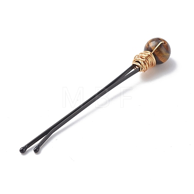 Eco-Friendly Copper Wire Wrapped Round Gemstone Hair Bobby Pin OHAR-JH00025-01-1