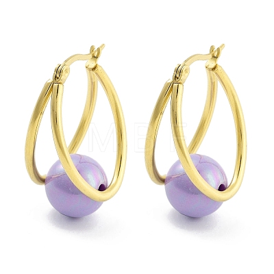 Ion Plating(IP) 304 Stainless Steel & Plastic Imitation Pearl Oval with Ball Hoop Earrings for Women EJEW-C096-13G-02-1