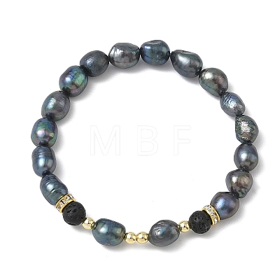 Natural Cultured Freshwater Pearl & Lava Rock Beaded Stretch Bracelets for Women BJEW-JB13714-1