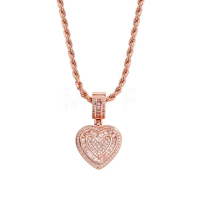 Brass Micro Pave Clear Cubic Zirconia Heart Pendant Rope Chain Necklaces for Women FS-WG43ED0-05-1