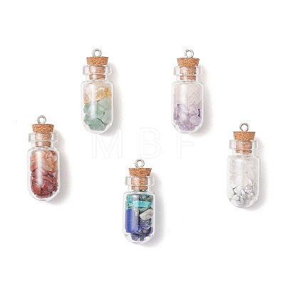 5Pcs 5 Styles Clear Glass Wishing Bottle with Mixed Gemstone Chip Inside Pendants PALLOY-JF04164-1