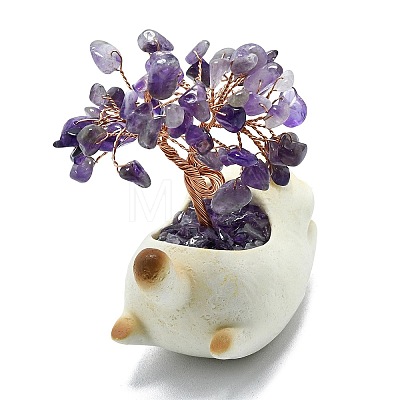 Natural Amethyst Chips Tree of Life Decorations with Cat Display Decorations DJEW-K025-03A-1