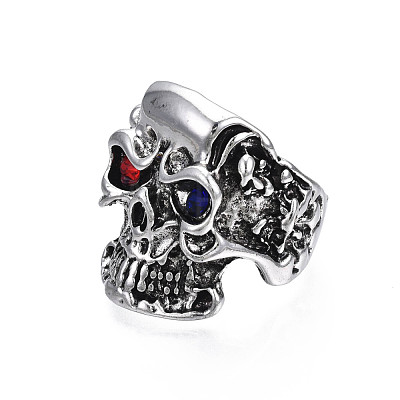 Gothic Punk Skull Alloy Open Cuff Ring with Rhinestone for Men Women RJEW-T009-52AS-1