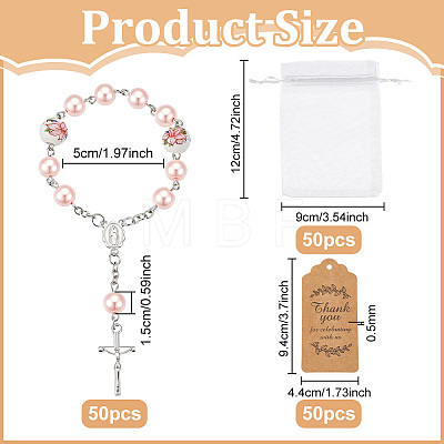 50Pcs Plastic Imitation Pearl and Porcelain Round Link Metal Virgin Cross Charm Rosary Bracelets BJEW-WA0001-07B-1